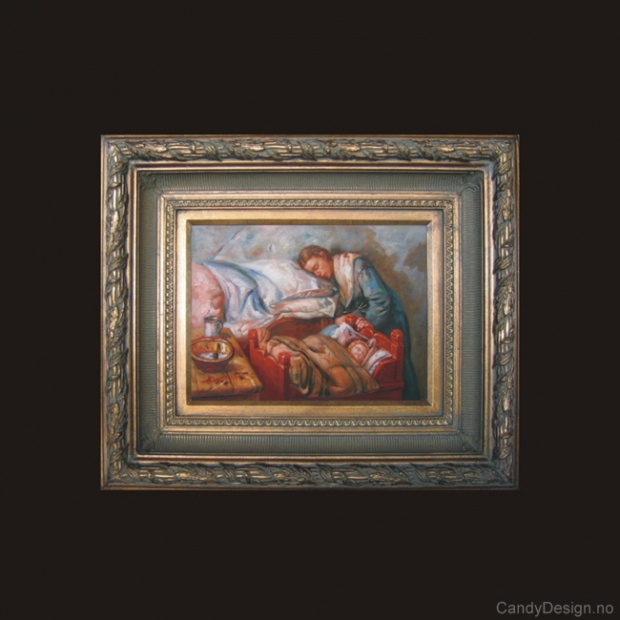 Oljemaleri  Sleeping Mother at Her Child`s Cradle