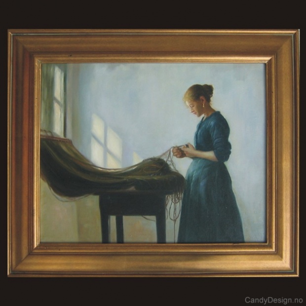 Oljemaleri  Ung Fiskerpige stener Garn