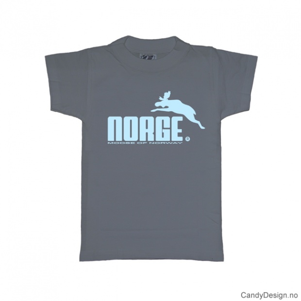 5-6 år- Barn classic T-skjorte gråblå med lyseblått Norge med elg trykk