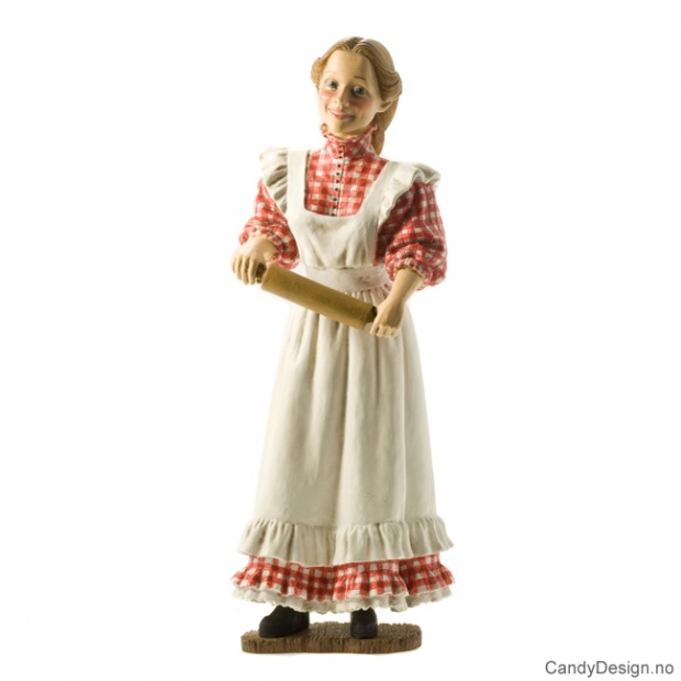 Carl Larsson stående mor med rød/hvitrutet med hvitt forkle