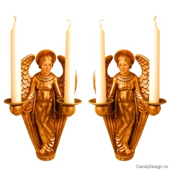 Engel med to lysholdere på vegg - Gull