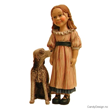 Barn med hund - Pike med rød og hvitstripet kjole