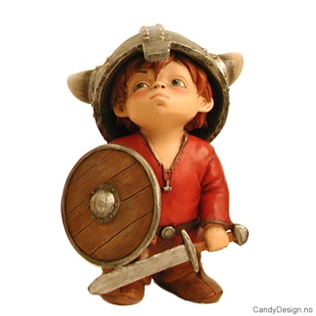 Vikinggutt med sverd foran i rødt