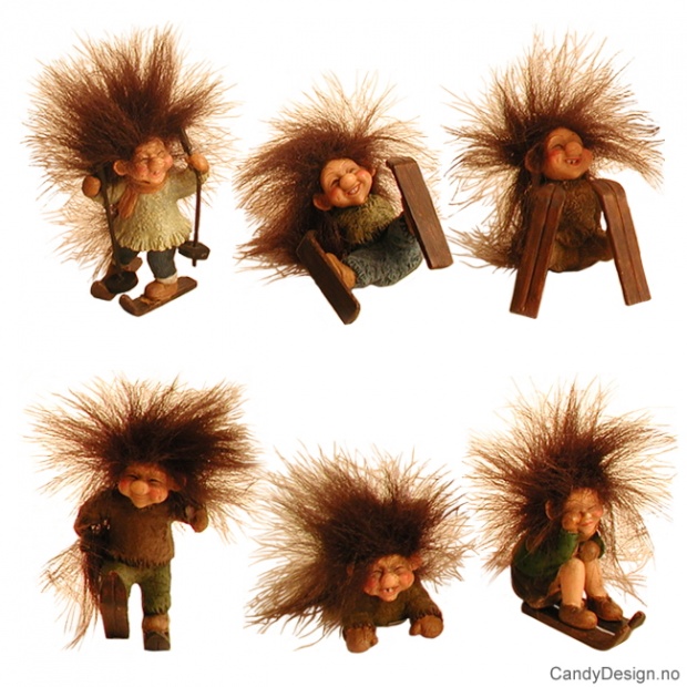 Vintertroll med fluffy hår på ski assortert