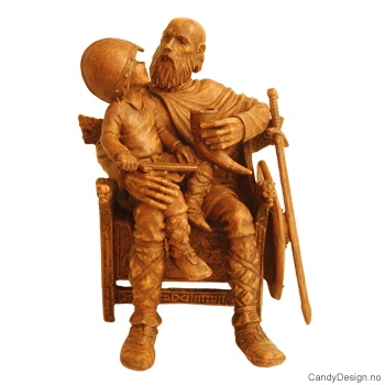 Viking far sittende på trone med gutt med vikinghjelm på fanget i antikk farge