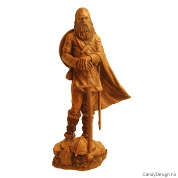 Viking kriger stående med sverd, skjold og hjelm i antikk farge