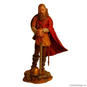 Viking kriger stående med sverd, skjold og hjelm i farger