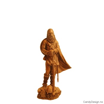 Viking kriger stående med sverd, hjelm og skjold i antikk farge - medium