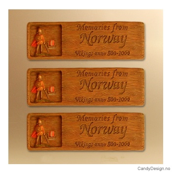 Woodstyle magnet plater med tekst  Viking med skip i bakgrunnen magnet Memories from Norway, Vikings anno 800 - 1000