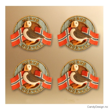 Lundefugl - rund magnet med Norske flagg