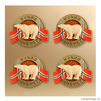 Isbjørn - rund magnet med Norske flagg