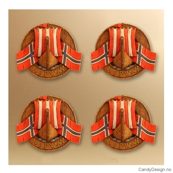 Vikingeskip forfra - rund magnet med Norske flagg