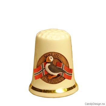 Fingerbøl med lundefugl og Norske flagg motiv