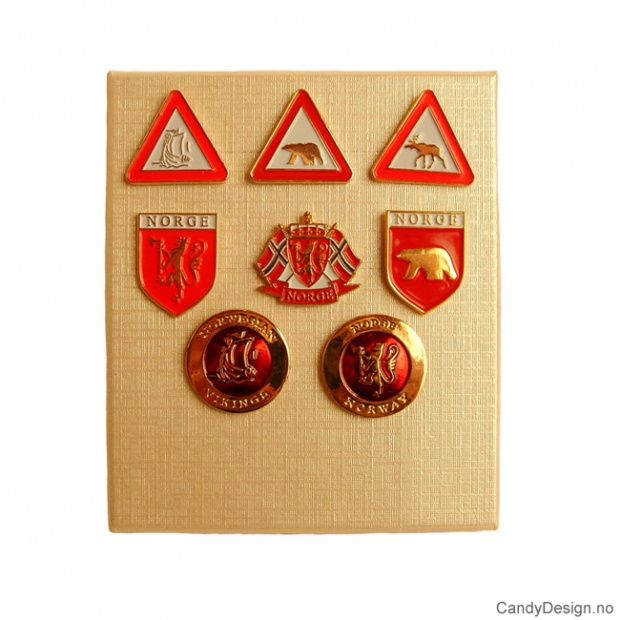 Pins assortert med diverse motiv