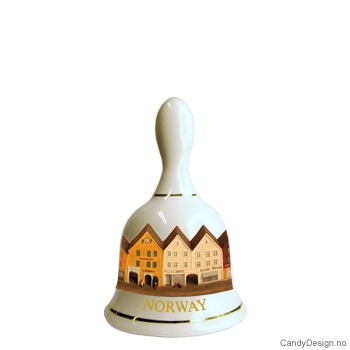 Stor suvenir bjelle i porselen med Norsk motiv  Bryggen i Bergen