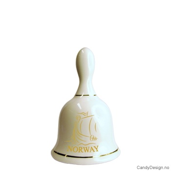 Stor suvenir bjelle i porselen med Norsk motiv  Vikingskip i gull