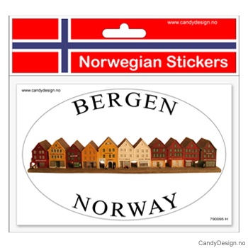 Ovalt klistremerke for bil med Bryggen i Bergen