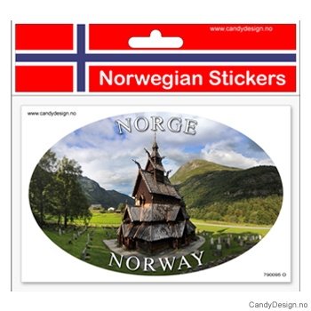 Ovalt klistremerke for bil med stavkirke