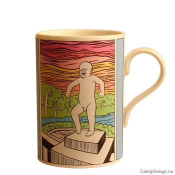 Sinnataggen kopp med motiv inspirert av Gustav Vigeland og Andy Warhol