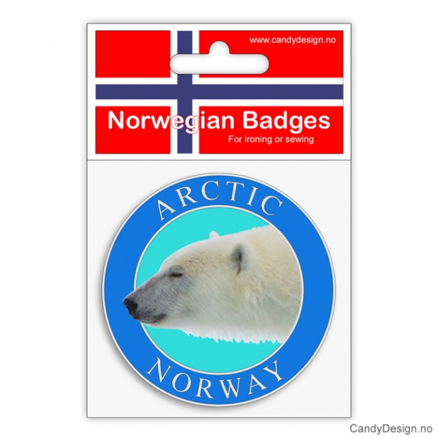 Broderte runde suvenir jakkemerke med Arctic Norway og isbjørn 
